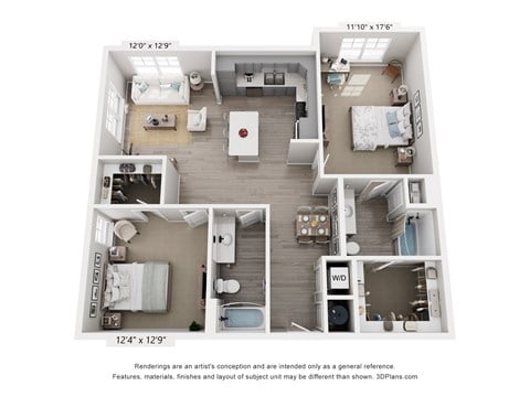 Floor plan for 2 beds, 2 baths, 1173 sqft